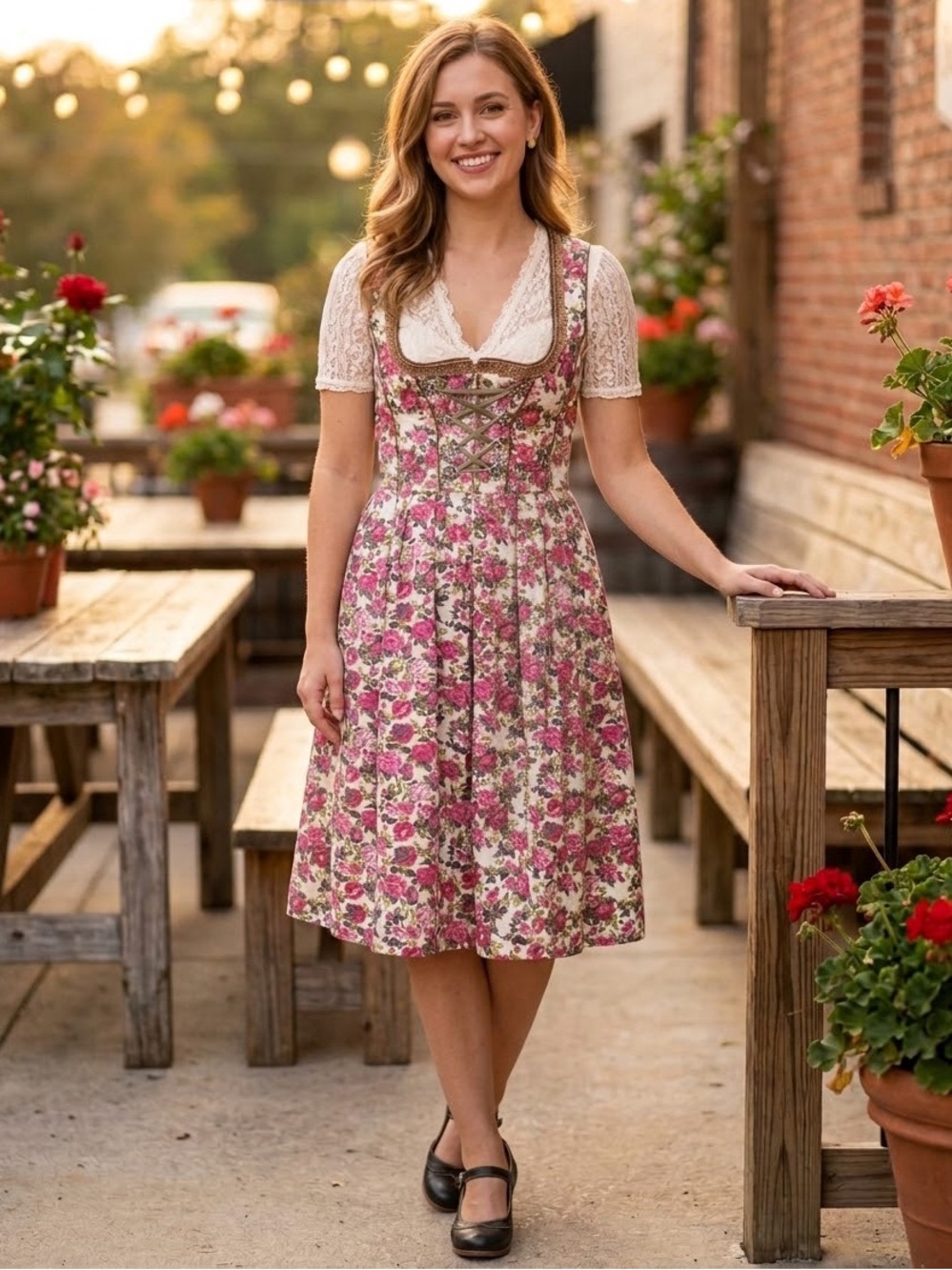 GAUDÍ Leathers Floral Dirndl Dress Pink Rose Oktoberfest Cottagecore Sz 36/6